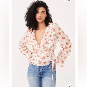 Free People Amanda Ruffle Wrap Top Blouse in Ivory Combo Floral Print Size XS